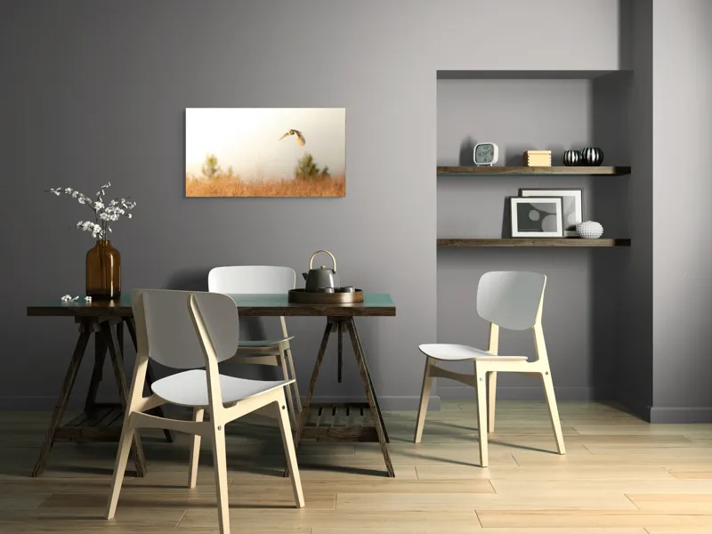 Tablou Canvas, "Bufnița planând la asfințit", Bufniță, Zbor, Câmp, Cer, Lumină, Peisaj, Natură, Frunziș, 90 x 50 cm – poza 3