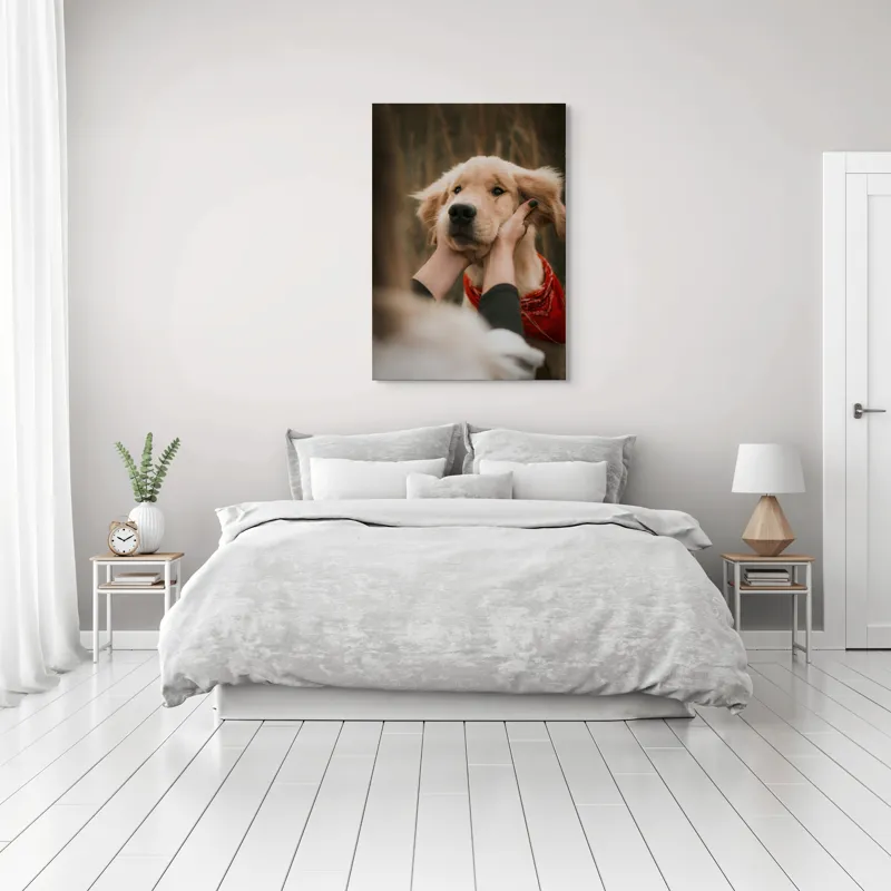 Tablou Canvas, "Catelus cu esarfa rosie in vant", Câine, Eșarfă, Blană, Urechi, Privire, Mângâiere, Natură, Prietenie, 70 x 100 cm – poza 3