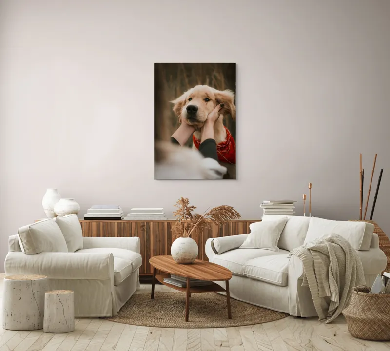 Tablou Canvas, "Catelus cu esarfa rosie in vant", Câine, Eșarfă, Blană, Urechi, Privire, Mângâiere, Natură, Prietenie, 70 x 100 cm – poza 4