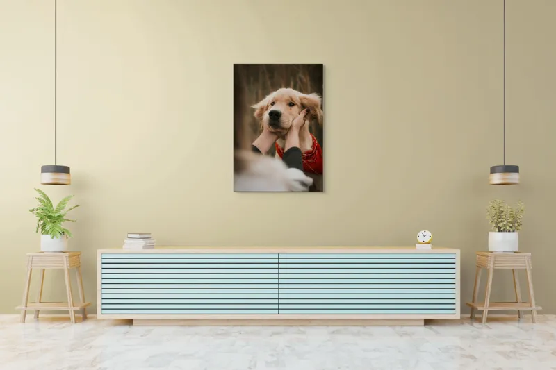 Tablou Canvas, "Catelus cu esarfa rosie in vant", Câine, Eșarfă, Blană, Urechi, Privire, Mângâiere, Natură, Prietenie, 70 x 100 cm – poza 5