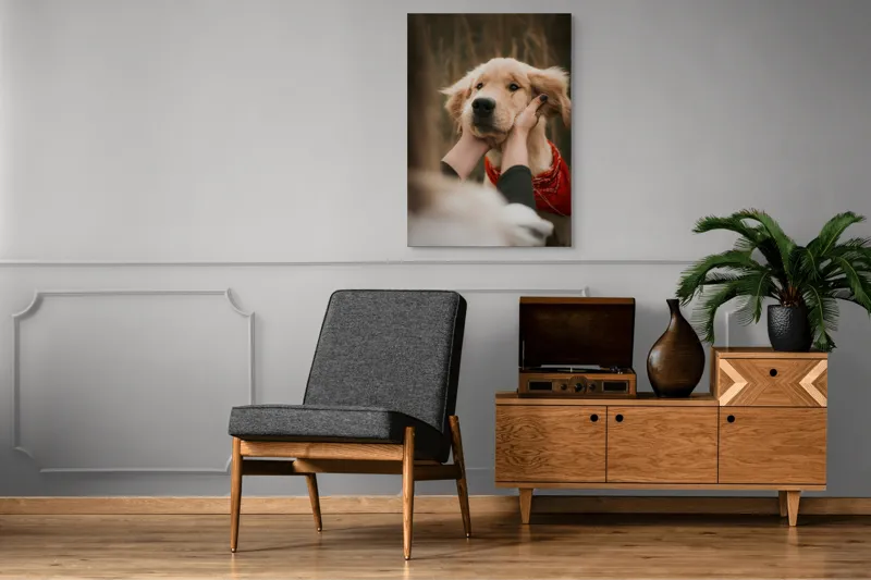 Tablou Canvas, "Catelus cu esarfa rosie in vant", Câine, Eșarfă, Blană, Urechi, Privire, Mângâiere, Natură, Prietenie, 70 x 100 cm – poza 6