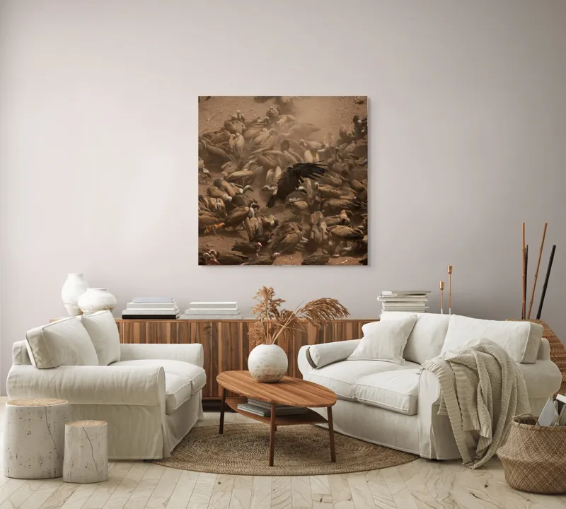 Tablou Canvas, "Dansul vulturilor într-o furtună de praf", Vulturi, Căprioară, Haos, Prăfuit, Aripi, Natură, Agitație, Sălbăticie, Pradă, Supraviețuire, 100 x 100 cm – poza 3