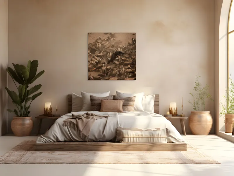 Tablou Canvas, "Dansul vulturilor într-o furtună de praf", Vulturi, Căprioară, Haos, Prăfuit, Aripi, Natură, Agitație, Sălbăticie, Pradă, Supraviețuire, 100 x 100 cm – poza 4