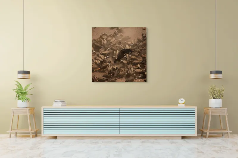 Tablou Canvas, "Dansul vulturilor într-o furtună de praf", Vulturi, Căprioară, Haos, Prăfuit, Aripi, Natură, Agitație, Sălbăticie, Pradă, Supraviețuire, 100 x 100 cm – poza 5