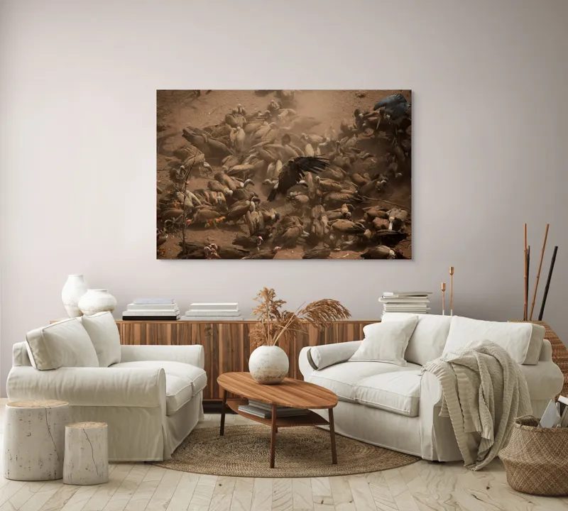 Tablou Canvas, "Dansul vulturilor într-o furtună de praf", Vulturi, Căprioară, Haos, Prăfuit, Aripi, Natură, Agitație, Sălbăticie, Pradă, Supraviețuire, 150 x 100 cm – poza 3