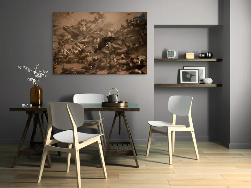 Tablou Canvas, "Dansul vulturilor într-o furtună de praf", Vulturi, Căprioară, Haos, Prăfuit, Aripi, Natură, Agitație, Sălbăticie, Pradă, Supraviețuire, 150 x 100 cm – poza 5