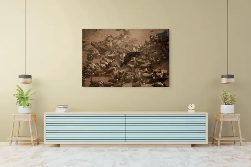 Tablou Canvas, "Dansul vulturilor într-o furtună de praf", Vulturi, Căprioară, Haos, Prăfuit, Aripi, Natură, Agitație, Sălbăticie, Pradă, Supraviețuire, 150 x 100 cm – poza 6