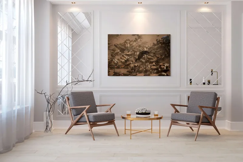 Tablou Canvas, "Dansul vulturilor într-o furtună de praf", Vulturi, Căprioară, Haos, Prăfuit, Aripi, Natură, Agitație, Sălbăticie, Pradă, Supraviețuire, 150 x 100 cm – poza 7
