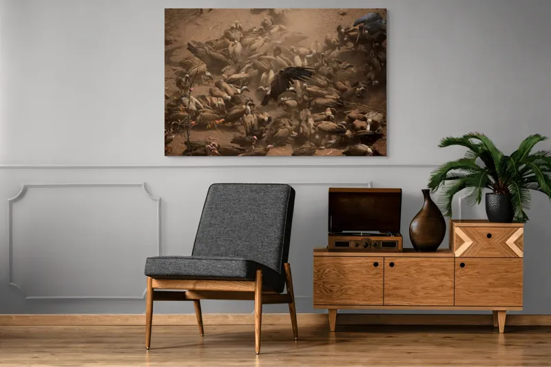 Tablou Canvas, "Dansul vulturilor într-o furtună de praf", Vulturi, Căprioară, Haos, Prăfuit, Aripi, Natură, Agitație, Sălbăticie, Pradă, Supraviețuire, 150 x 100 cm – poza 8