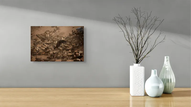 Tablou Canvas, "Dansul vulturilor într-o furtună de praf", Vulturi, Căprioară, Haos, Prăfuit, Aripi, Natură, Agitație, Sălbăticie, Pradă, Supraviețuire, 39 x 26 cm – poza 8