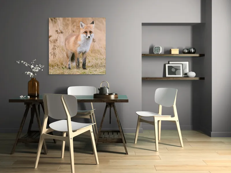 Tablou Canvas, "Vulpea în lumina toamnei aurii", Vulpe, Blană, Urechi, Privire, Natură, Peisaj, Iarbă, Frunze, 100 x 100 cm – poza 6