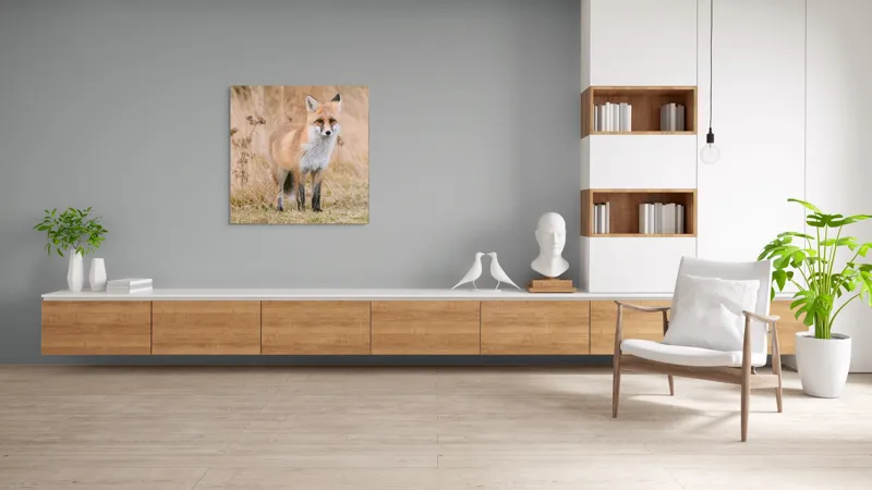 Tablou Canvas, "Vulpea în lumina toamnei aurii", Vulpe, Blană, Urechi, Privire, Natură, Peisaj, Iarbă, Frunze, 100 x 100 cm – poza 8