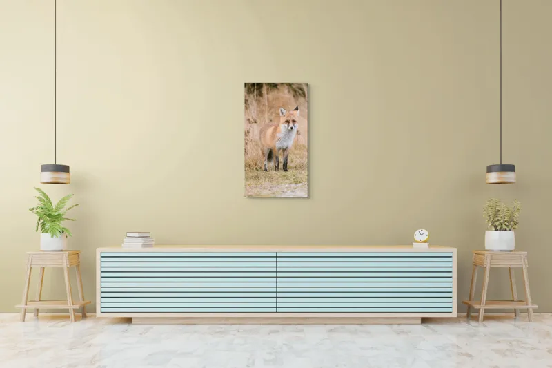 Tablou Canvas, "Vulpea în lumina toamnei aurii", Vulpe, Blană, Urechi, Privire, Natură, Peisaj, Iarbă, Frunze, 50 x 90 cm – poza 6