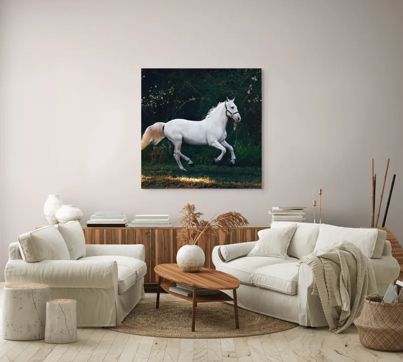 Tablou Canvas, "Un cal alb aleargă liber", Grație, Eleganță, Libertate, Viteză, Natură, Putere, Frumusețe, 100 x 100 cm – poza 3