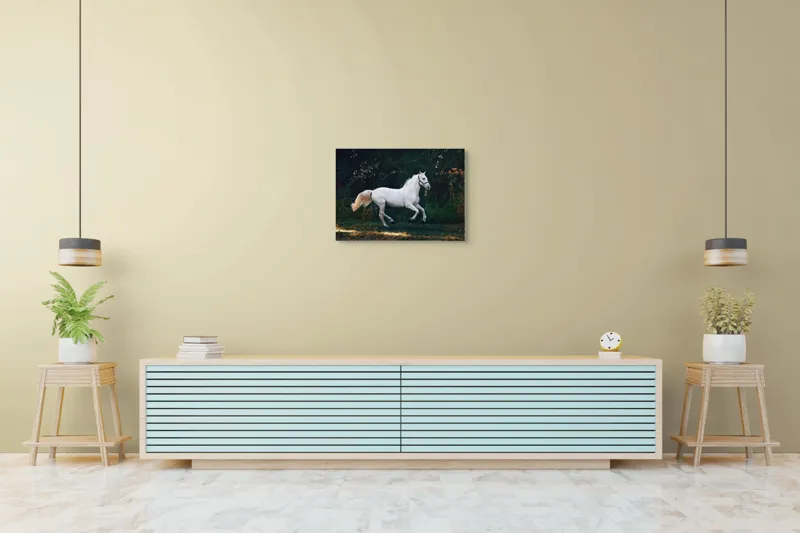 Tablou Canvas, "Un cal alb aleargă liber", Grație, Eleganță, Libertate, Viteză, Natură, Putere, Frumusețe, 70 x 50 cm – poza 7
