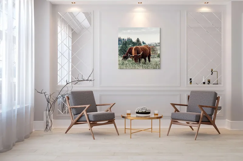Tablou Canvas, "Bivoli păscând pe dealuri verzi", 100 x 100 cm – poza 7