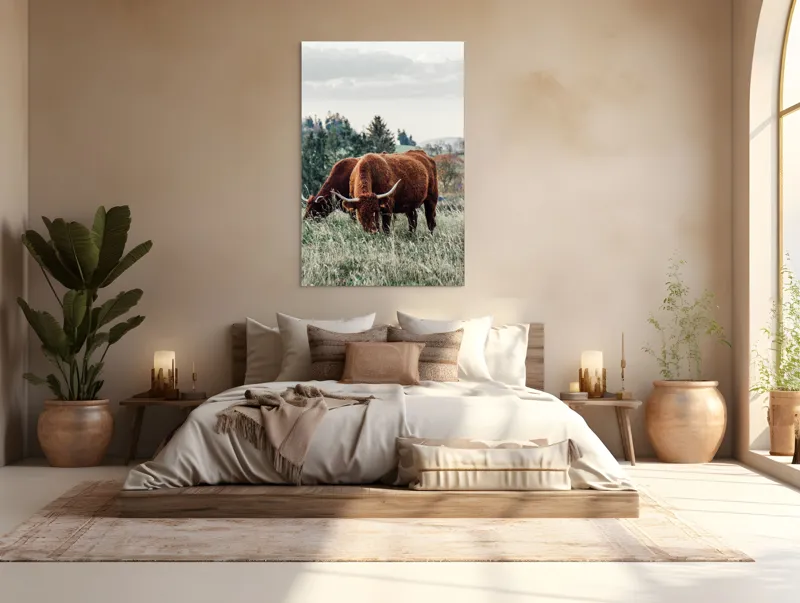 Tablou Canvas, "Bivoli păscând pe dealuri verzi", 100 x 150 cm – poza 3