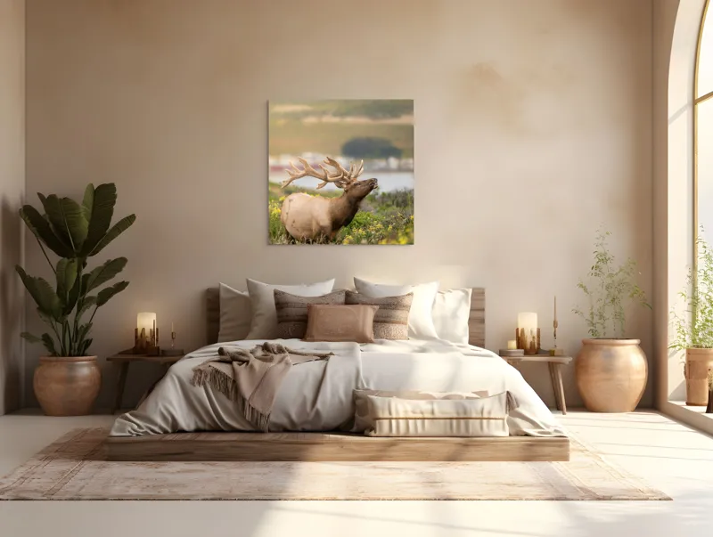 Tablou Canvas, "Cerbul printre flori galbene de câmp", Cerb, Peisaj, Natură, Flori, Verdeață, Apus, Cer Albastru, Dealuri, Serenitate, Majestuos, 100 x 100 cm – poza 4