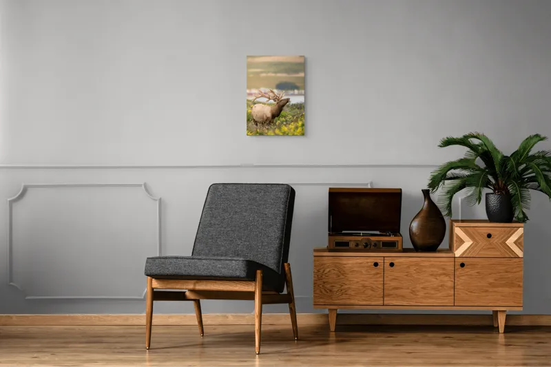 Tablou Canvas, "Cerbul printre flori galbene de câmp", Cerb, Peisaj, Natură, Flori, Verdeață, Apus, Cer Albastru, Dealuri, Serenitate, Majestuos, 39 x 54 cm – poza 8