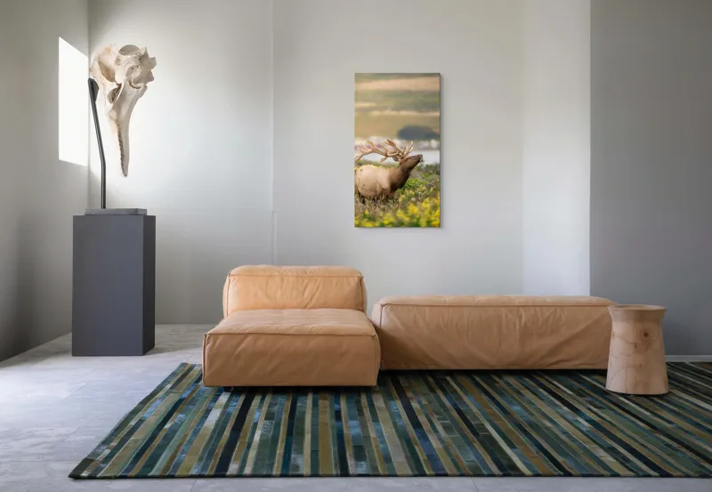 Tablou Canvas, "Cerbul printre flori galbene de câmp", Cerb, Peisaj, Natură, Flori, Verdeață, Apus, Cer Albastru, Dealuri, Serenitate, Majestuos, 50 x 90 cm – poza 5