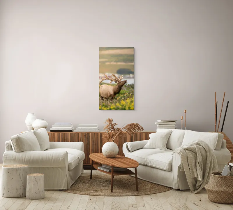 Tablou Canvas, "Cerbul printre flori galbene de câmp", Cerb, Peisaj, Natură, Flori, Verdeață, Apus, Cer Albastru, Dealuri, Serenitate, Majestuos, 50 x 90 cm – poza 7