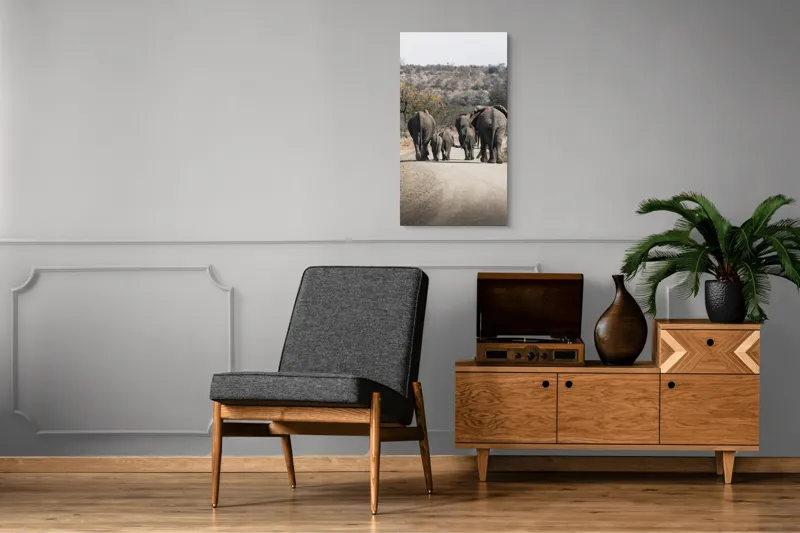 Tablou Canvas, "Familie de elefanți pe drum întins", Elefanți, Drum, Natură, Peisaj, Familie, Africa, Copaci, Căldură, Savană, Plimbare, 50 x 90 cm – poza 8