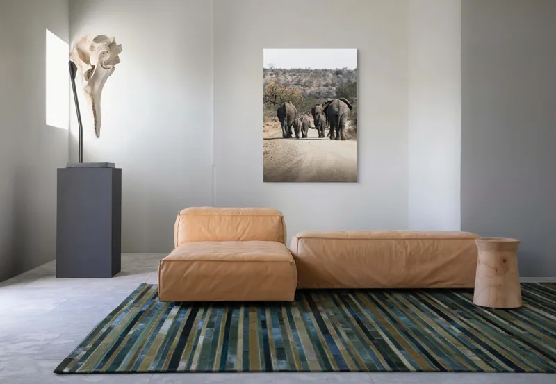 Tablou Canvas, "Familie de elefanți pe drum întins", Elefanți, Drum, Natură, Peisaj, Familie, Africa, Copaci, Căldură, Savană, Plimbare, 70 x 100 cm – poza 7