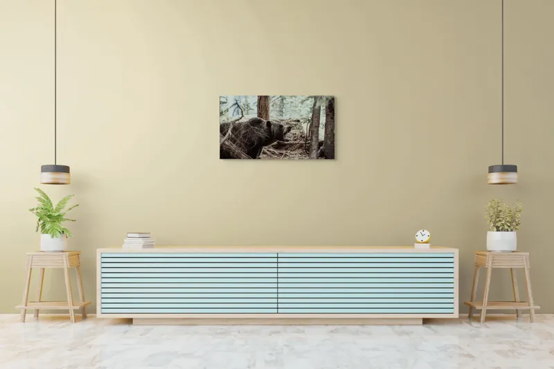 Tablou Canvas, "Urs în pădurea deasă răcnește", Urs, Pădure, Copaci, Răcnet, Natură, Sălbăticie, Frunze, Ramuri, Sol, Umbră, 90 x 50 cm – poza 5