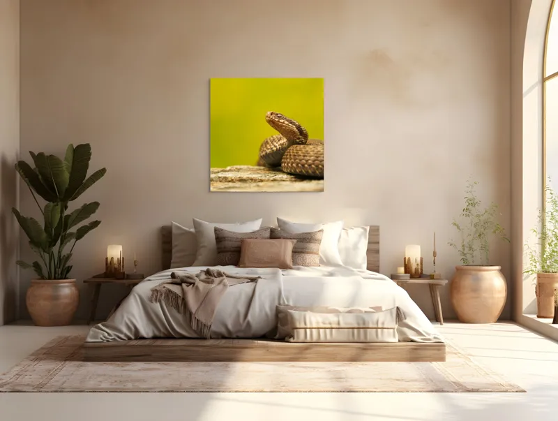 Tablou Canvas, "Șarpe pe piatră sub cer senin", Șarpe, Viperă, Solzi, Ochi, Natură, Pietre, Culoare, Peisaj, 100 x 100 cm – poza 4