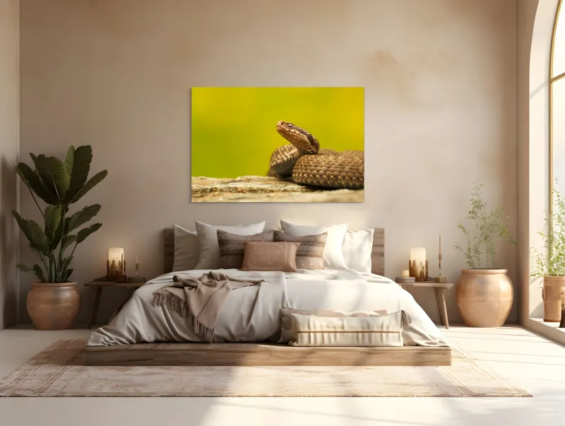 Tablou Canvas, "Șarpe pe piatră sub cer senin", Șarpe, Viperă, Solzi, Ochi, Natură, Pietre, Culoare, Peisaj, 150 x 100 cm – poza 4