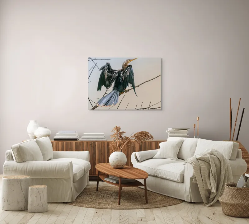 Tablou Canvas, "Pasărea regină pe ramură uscată", Pasăre, Aripi, Creangă, Frunze, Cer, Pene, Apus, Natură, 100 x 70 cm – poza 3