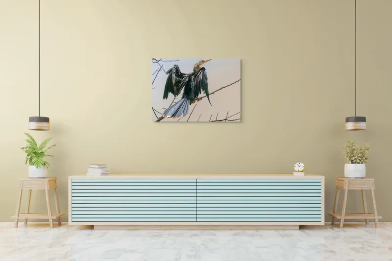 Tablou Canvas, "Pasărea regină pe ramură uscată", Pasăre, Aripi, Creangă, Frunze, Cer, Pene, Apus, Natură, 100 x 70 cm – poza 4