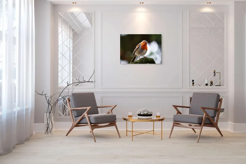 Tablou Canvas, "Pasărea cu pieptul de foc pe ramură", Pasăre, Ramură, Penaj, Portocaliu, Ochi, Natură, Claritate, Atenție., 100 x 70 cm – poza 5