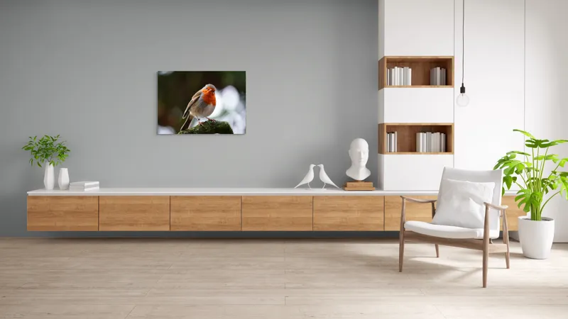 Tablou Canvas, "Pasărea cu pieptul de foc pe ramură", Pasăre, Ramură, Penaj, Portocaliu, Ochi, Natură, Claritate, Atenție., 100 x 70 cm – poza 6