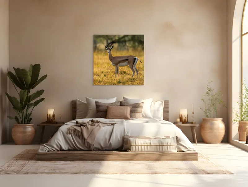 Tablou Canvas, "Gazela în lumina apusului african", Gazelă, Serenitate, Natură, Peisaj, Sălbăticie, Soare, Câmpie, Grație, Eleganță, Privire., 100 x 100 cm – poza 4