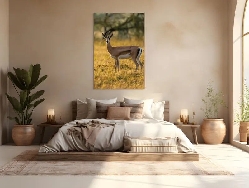 Tablou Canvas, "Gazela în lumina apusului african", Gazelă, Serenitate, Natură, Peisaj, Sălbăticie, Soare, Câmpie, Grație, Eleganță, Privire., 100 x 150 cm – poza 3