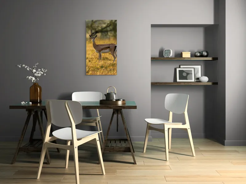 Tablou Canvas, "Gazela în lumina apusului african", Gazelă, Serenitate, Natură, Peisaj, Sălbăticie, Soare, Câmpie, Grație, Eleganță, Privire., 50 x 90 cm – poza 4