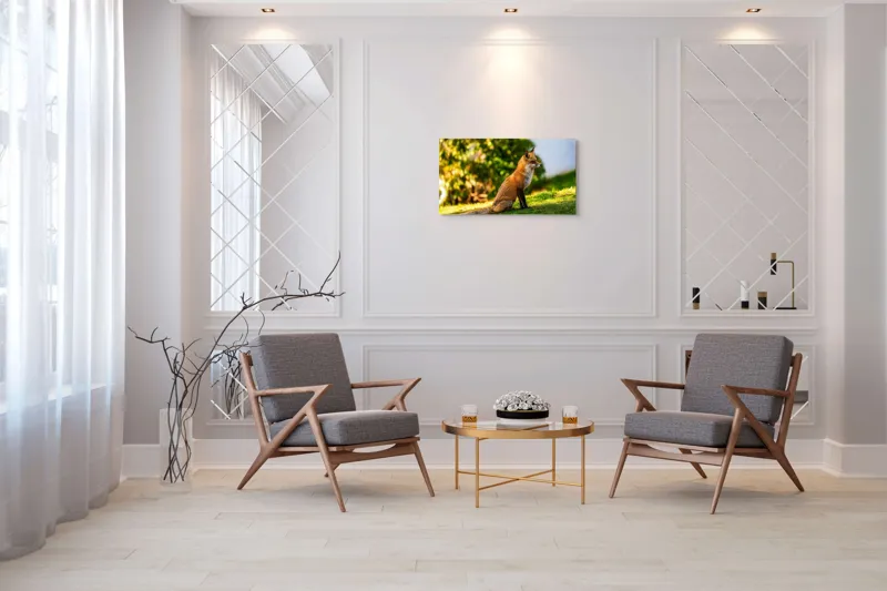 Tablou Canvas, "Vulpea gânditoare la marginea pădurii", Vulpe, Blană, Roșcată, Natură, Soare, Iarbă, Privire, Peisaj, Sălbăticie, Alertă, 90 x 50 cm – poza 7