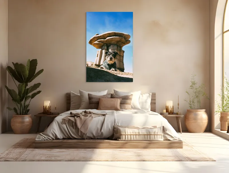 Tablou Canvas, "Câine lângă stânci de poveste", Câine, Stânci, Cer, Nori, Soare, Umbre, Natură, Peisaj, Liniște, Aventură, 100 x 150 cm – poza 3