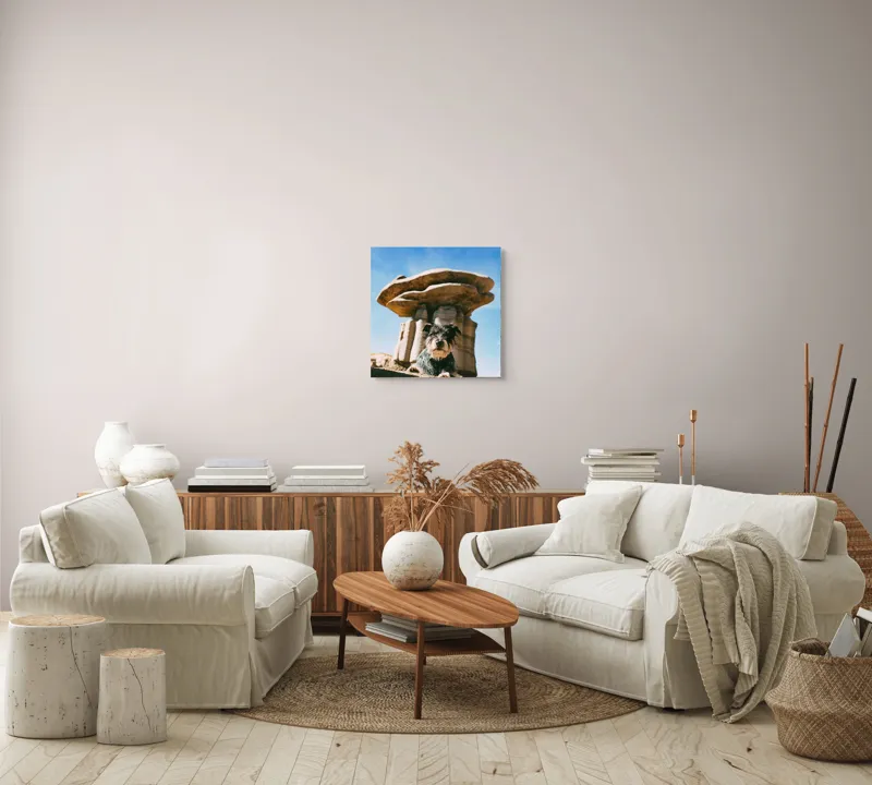 Tablou Canvas, "Câine lângă stânci de poveste", Câine, Stânci, Cer, Nori, Soare, Umbre, Natură, Peisaj, Liniște, Aventură, 50 x 50 cm – poza 7