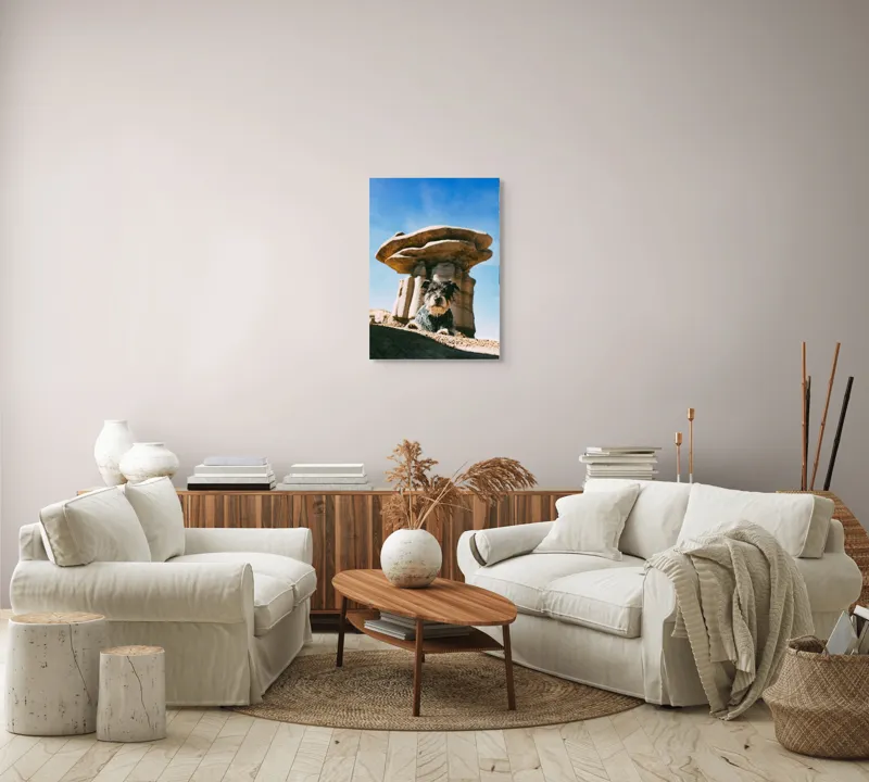 Tablou Canvas, "Câine lângă stânci de poveste", Câine, Stânci, Cer, Nori, Soare, Umbre, Natură, Peisaj, Liniște, Aventură, 50 x 70 cm – poza 4