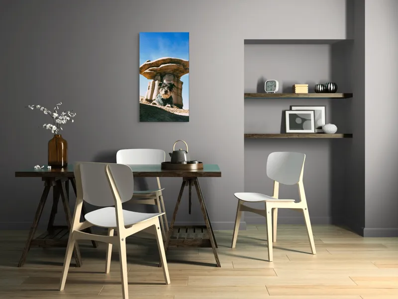 Tablou Canvas, "Câine lângă stânci de poveste", Câine, Stânci, Cer, Nori, Soare, Umbre, Natură, Peisaj, Liniște, Aventură, 50 x 90 cm – poza 4