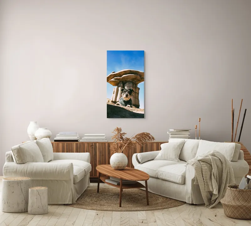Tablou Canvas, "Câine lângă stânci de poveste", Câine, Stânci, Cer, Nori, Soare, Umbre, Natură, Peisaj, Liniște, Aventură, 50 x 90 cm – poza 7