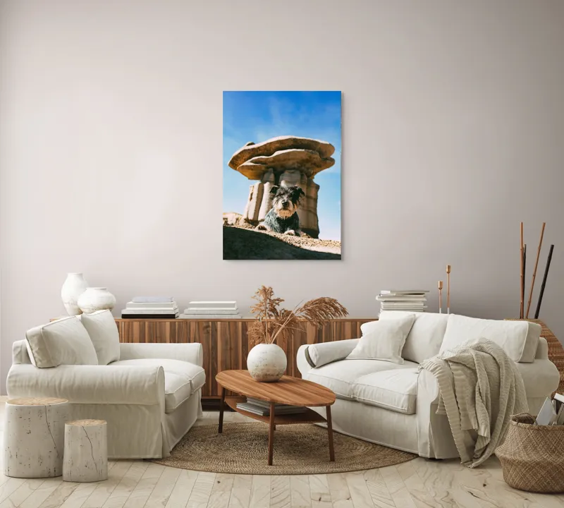 Tablou Canvas, "Câine lângă stânci de poveste", Câine, Stânci, Cer, Nori, Soare, Umbre, Natură, Peisaj, Liniște, Aventură, 70 x 100 cm – poza 4