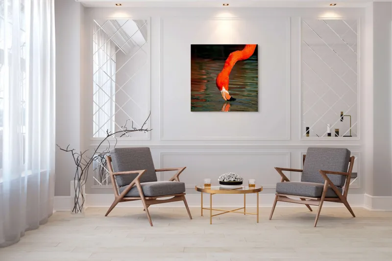 Tablou Canvas, "Flamingo roșu bând apă liliachie", Flamingo, Apă, Reflecție, Gât, Portocaliu, Pene, Beak, Contrast, Natură, Elegant, 100 x 100 cm – poza 7