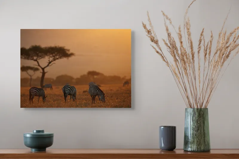 Tablou Canvas, "Zebre în amurgul african blând", Zebre, Savannah, Apus, Siluete, Arbuști, Câmpie, Cer, Serengeti, 54 x 39 cm – poza 4