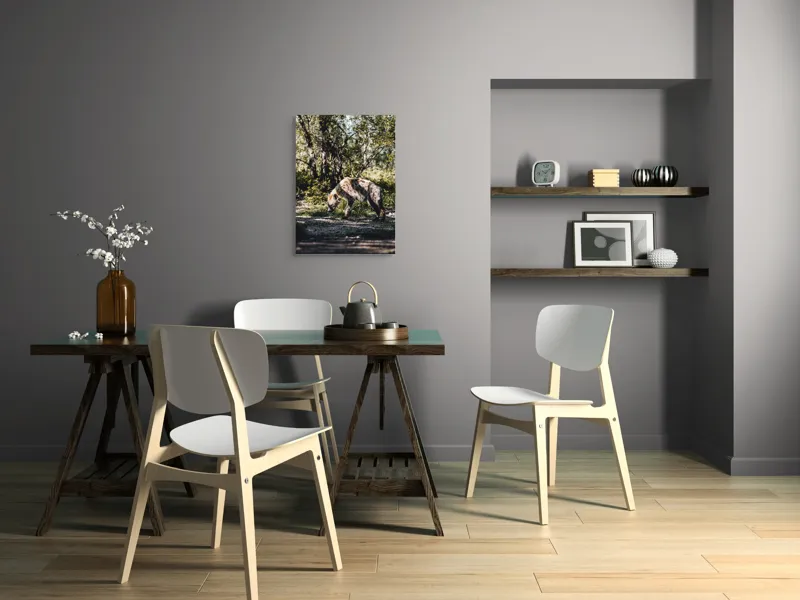 Tablou Canvas, "Hiena în lumina dimineții pădurii", Crepuscul, Hienă, Umbre, Vegetație, Căutare, Solitar, Sălbăticie, Reflexie, 50 x 70 cm – poza 5