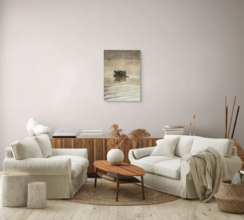 Tablou Canvas, "Hipopotam între ape și lumină", Hippopotamus, Apă, Ceață, Reflecție, Natură, 50 x 70 cm – poza 4