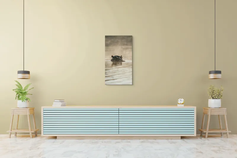 Tablou Canvas, "Hipopotam între ape și lumină", Hippopotamus, Apă, Ceață, Reflecție, Natură, 50 x 90 cm – poza 6