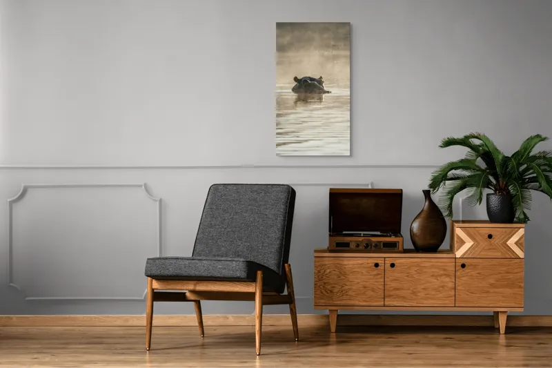 Tablou Canvas, "Hipopotam între ape și lumină", Hippopotamus, Apă, Ceață, Reflecție, Natură, 50 x 90 cm – poza 8